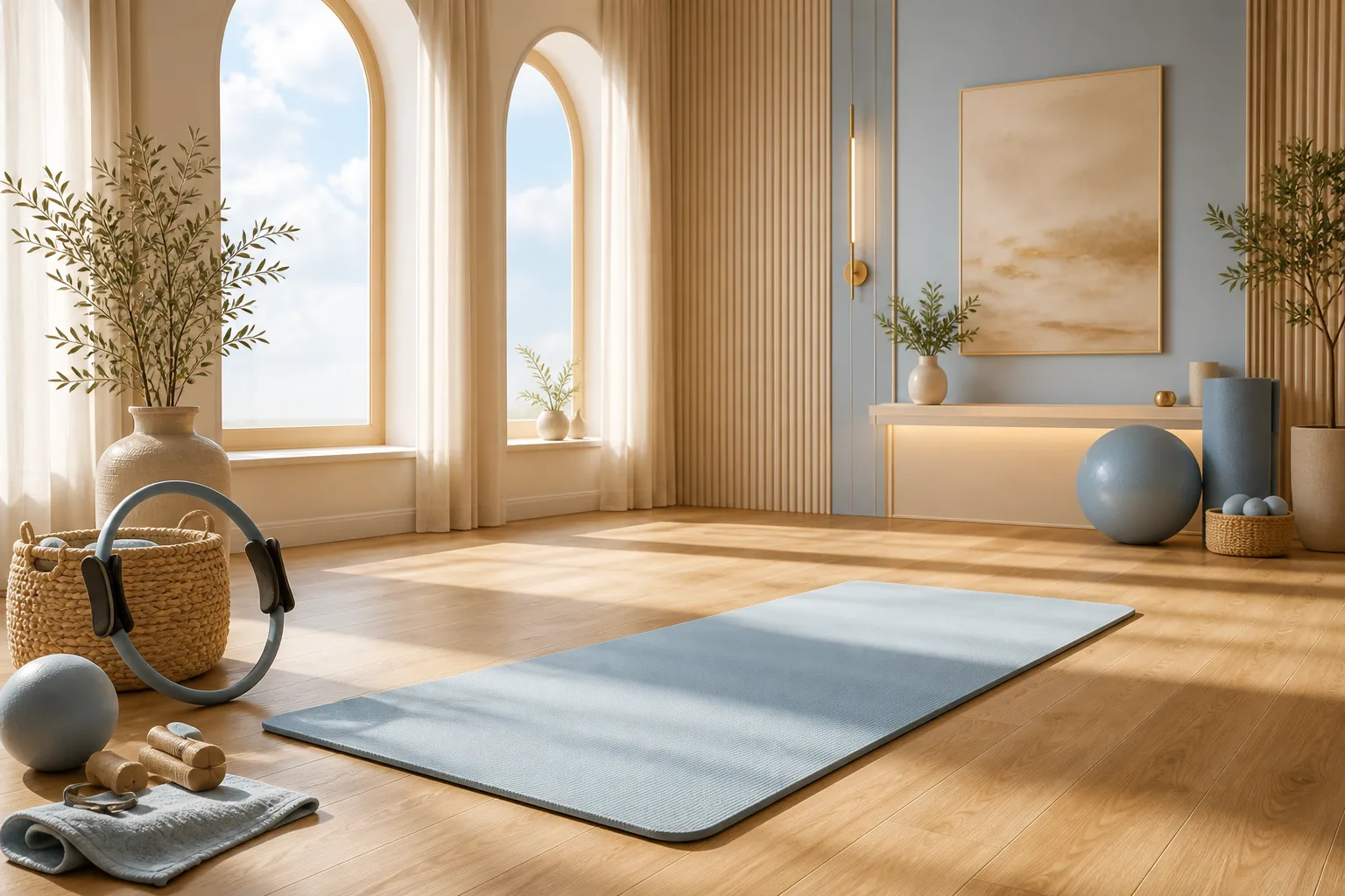 Colchoneta y accesorios de pilates listos para la sesión en estudio