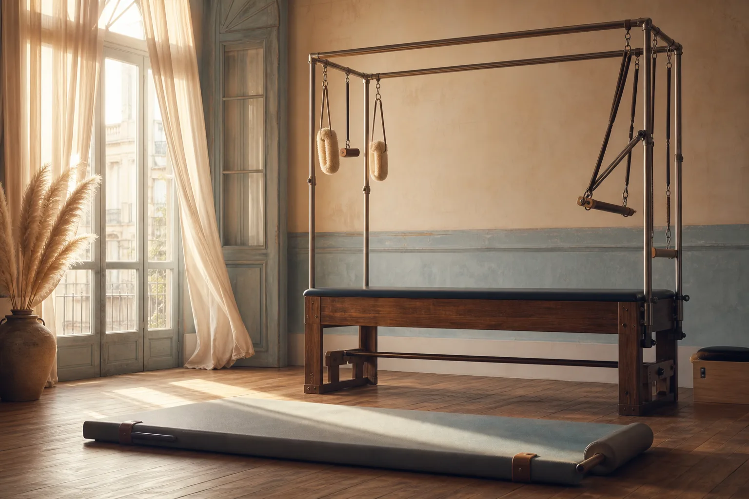 Interior de estudio clásico de pilates con aparatos históricos